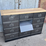 ancien meuble console 12 casiers industriel a clapet Roneo 1950 plateau chene massif