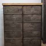 Roneo industrial-style console table with 10 drawers and a solid oak top