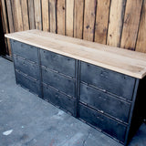 9-compartment industrial sideboard, military workshop style, solid old oak top