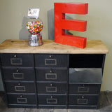 ancien meuble console 12 casiers industriel a clapet Roneo 1940 plateau chene massif