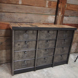 ancien grand meuble 12 casiers industriel strafor plateau chene massif