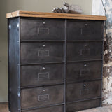 Roneo industrial-style console table with 8 drawers, hinged lid, and solid oak top
