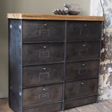 Roneo industrial-style console table with 8 drawers, hinged lid, and solid oak top