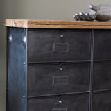 Roneo industrial-style console table with 8 drawers, hinged lid, and solid oak top