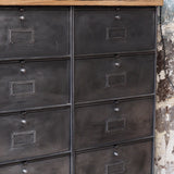 Roneo industrial-style console table with 8 drawers, hinged lid, and solid oak top
