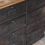 Roneo industrial-style console table with 8 drawers, hinged lid, and solid oak top