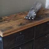 Roneo industrial-style console table with 8 drawers, hinged lid, and solid oak top
