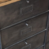 Roneo industrial-style console table with 8 drawers, hinged lid, and solid oak top