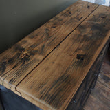 Roneo industrial-style console table with 8 drawers, hinged lid, and solid oak top