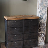 Roneo industrial-style console table with 8 drawers, hinged lid, and solid oak top