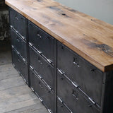 enfilade industrielle 9 compartiments atelier militaire plateau vieux chene massif