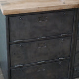 enfilade industrielle 6 compartiments 18 tiroirs atelier militaire plateau vieux chene massif