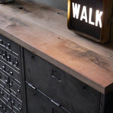 enfilade industrielle 6 compartiments 18 tiroirs atelier militaire plateau vieux chene massif