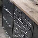 enfilade industrielle 6 compartiments 18 tiroirs atelier militaire plateau vieux chene massif