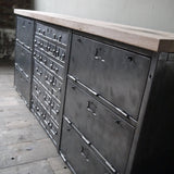 enfilade industrielle 6 compartiments 18 tiroirs atelier militaire plateau vieux chene massif