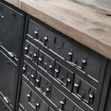 enfilade industrielle 6 compartiments 18 tiroirs atelier militaire plateau vieux chene massif