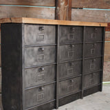 Antique large industrial cabinet with 12 compartments, Strafor finish, solid oak top