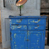 etabli industriel en bois 4 tiroirs 2 portes patine bleu dans son jus
