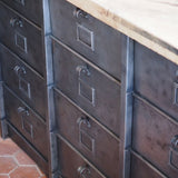 Antique large industrial cabinet with 15 compartments, Strafor finish, solid oak top