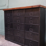 Antique console table with 15 industrial-style drop-leaf compartments, Bauche brand, circa 1950
