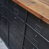 Antique console table with 15 industrial-style drop-leaf compartments, Bauche brand, circa 1950