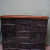 Antique console table with 15 industrial-style drop-leaf compartments, Bauche brand, circa 1950