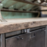 9-compartment industrial sideboard, military workshop style, solid old oak top