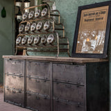9-compartment industrial sideboard, military workshop style, solid old oak top