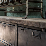 9-compartment industrial sideboard, military workshop style, solid old oak top