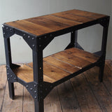 industrial metal console table in riveted solid oak