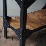 industrial metal console table in riveted solid oak