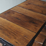 industrial metal console table in riveted solid oak