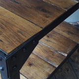 industrial metal console table in riveted solid oak