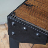 industrial metal console table in riveted solid oak