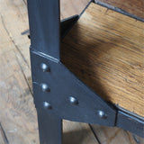 industrial metal console table in riveted solid oak