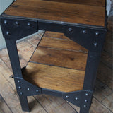 industrial metal console table in riveted solid oak