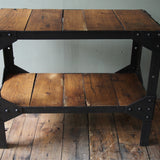 industrial metal console table in riveted solid oak
