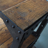 industrial metal console table in riveted solid oak