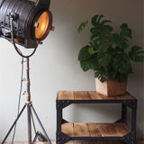 industrial metal console table in riveted solid oak