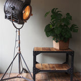 industrial metal console table in riveted solid oak