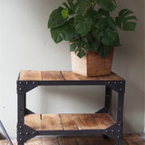industrial metal console table in riveted solid oak