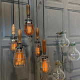 Grappe de lampes baladeuses industrielles USA - Cage métal & poignées bois - Suspension atelier vintage