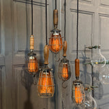 Grappe de lampes baladeuses industrielles USA - Cage métal & poignées bois - Suspension atelier vintage