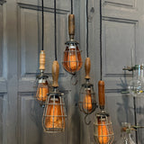 Grappe de lampes baladeuses industrielles USA - Cage métal & poignées bois - Suspension atelier vintage