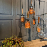Grappe de lampes baladeuses industrielles USA - Cage métal & poignées bois - Suspension atelier vintage