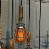Grappe de lampes baladeuses industrielles USA - Cage métal & poignées bois - Suspension atelier vintage