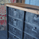 Antique large industrial cabinet with 15 compartments, Strafor finish, solid oak top
