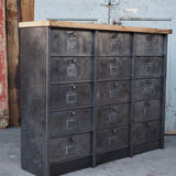 Antique large industrial cabinet with 15 compartments, Strafor finish, solid oak top
