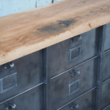 Antique large industrial cabinet with 15 compartments, Strafor finish, solid oak top