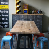 Large industrial table with solid oak top and cast iron base